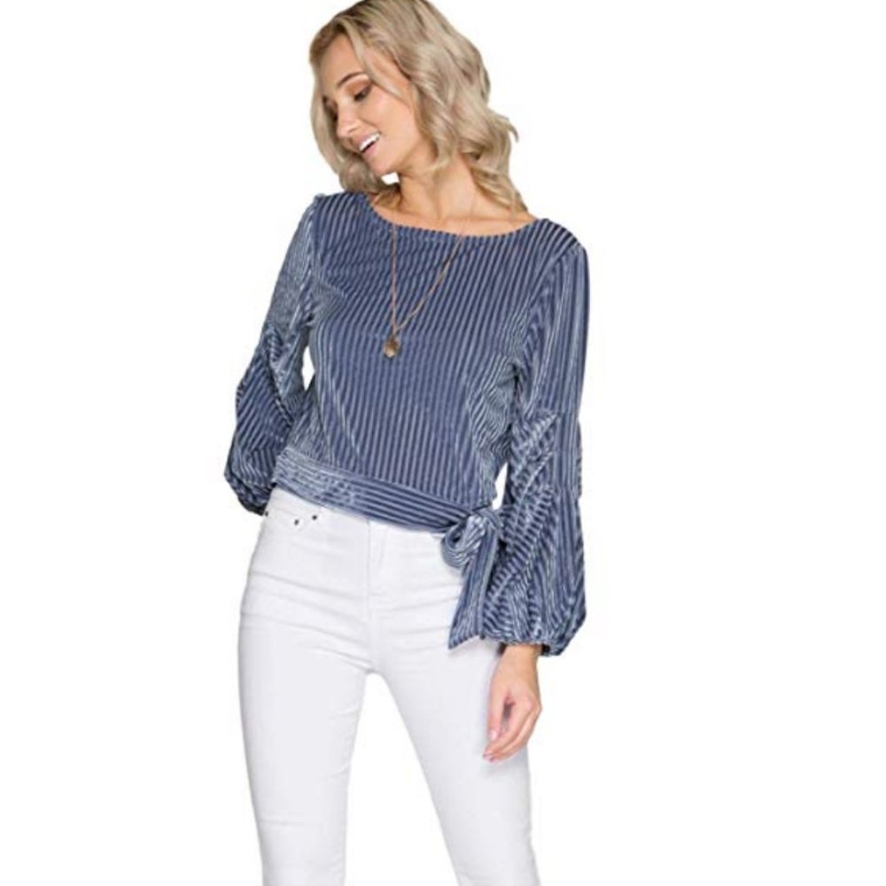 She + Sky Burnout Velvet Balloon Sleeve Top w Tie